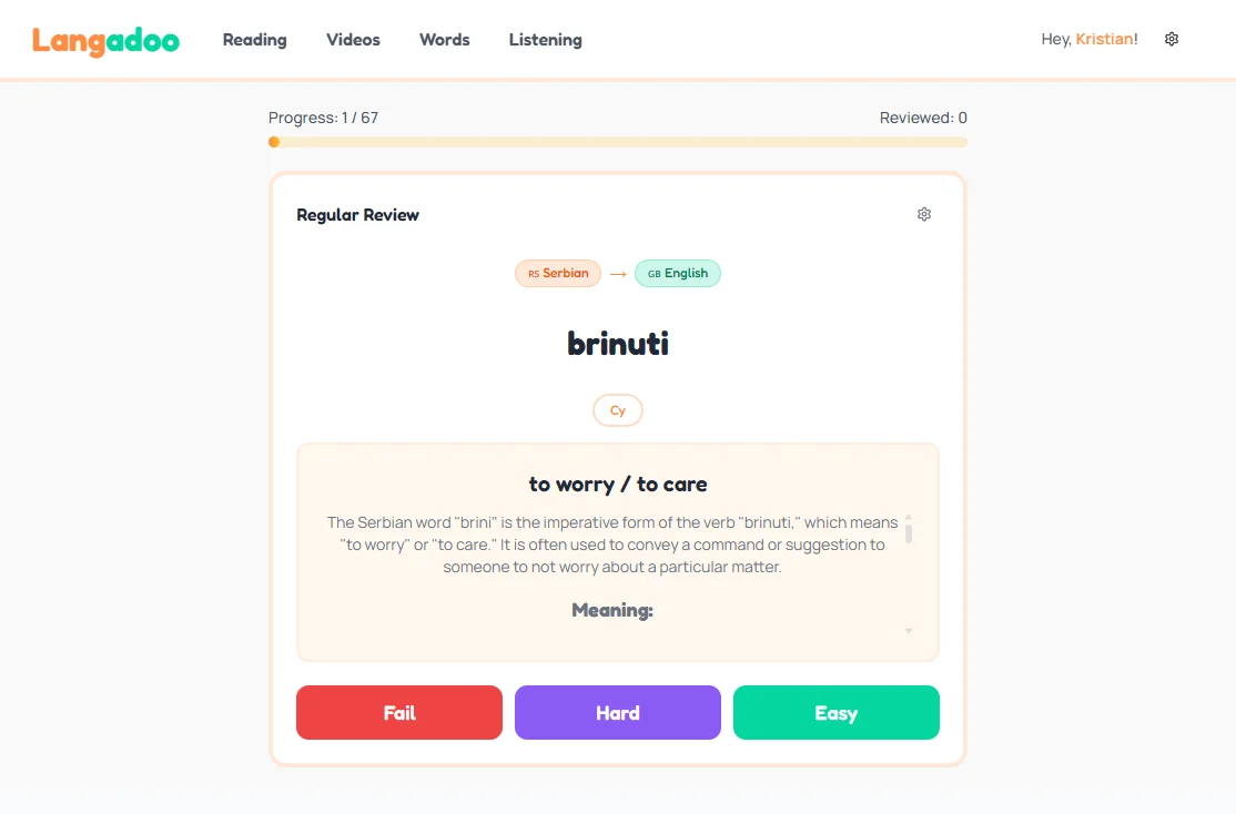Langadoo reviewing a word
