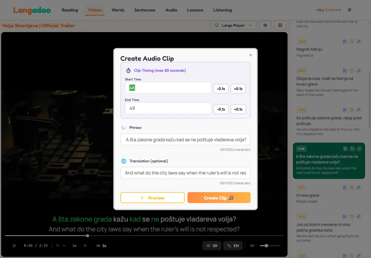 Langadoo sentence mining from a YouTube video with dual subtitles and one-click saving