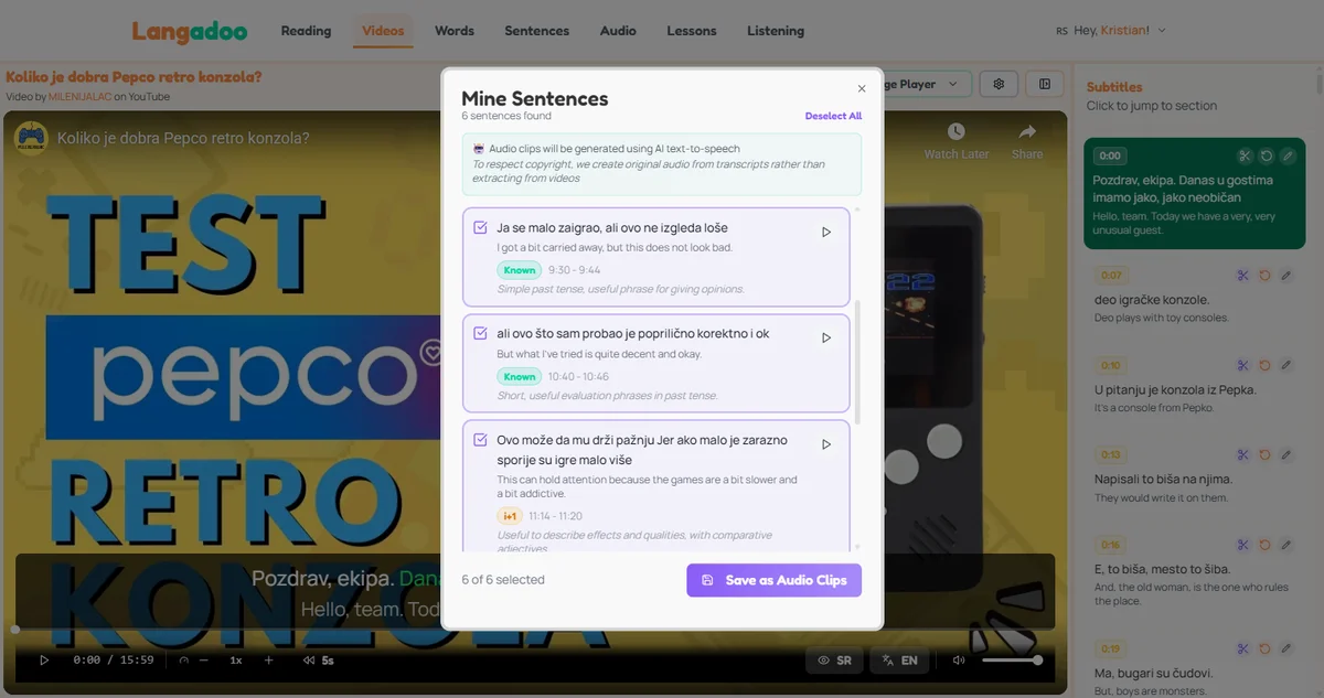 Sentence mining from YouTube overview in Langadoo interface
