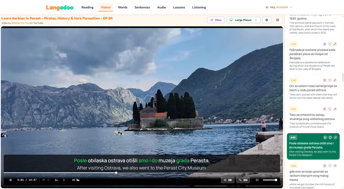 Double subtitles view for sentence mining from YouTube in Langadoo