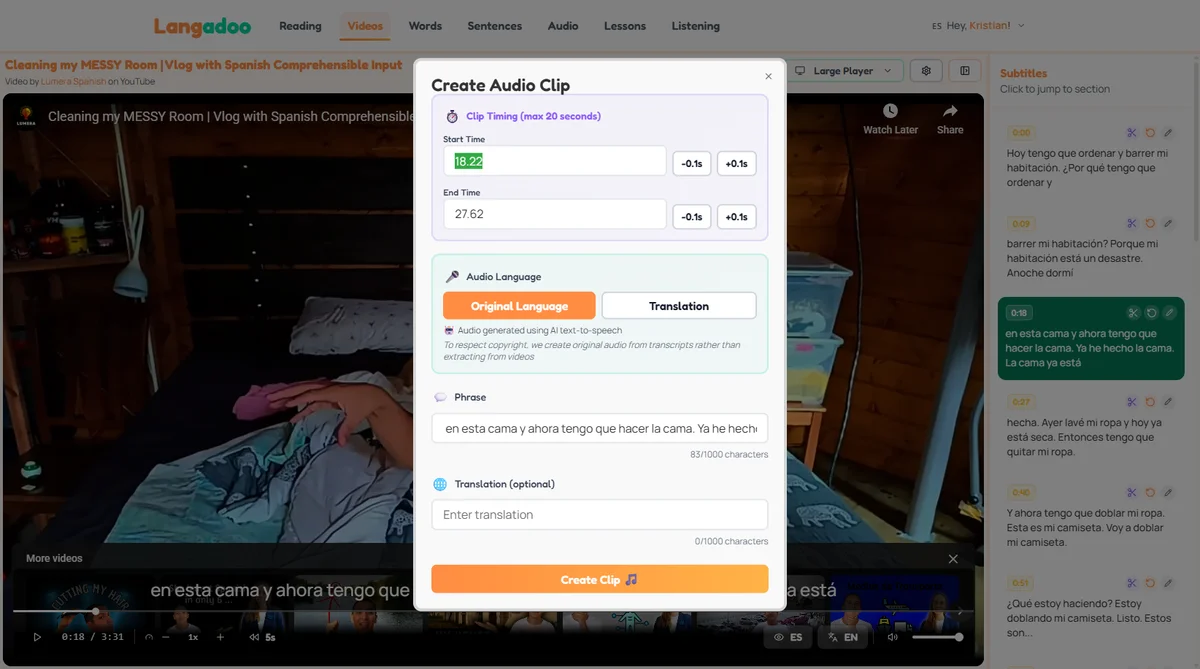 Saving a sentence with audio from YouTube in Langadoo