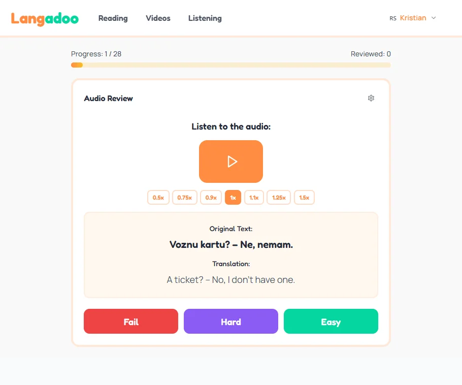 Spaced repetition review of mined YouTube sentences in Langadoo