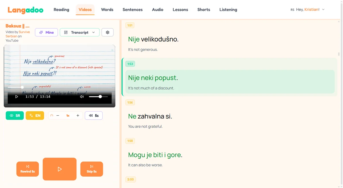 Watching a YouTube video with dual subtitles in Langadoo