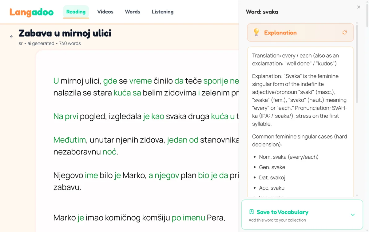 Clicking a word in Langadoo's dual subtitle view for an explanation