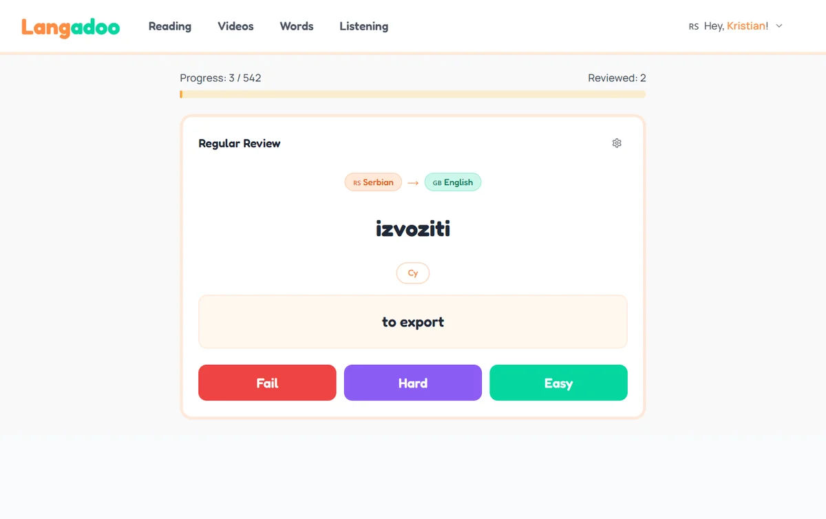 Langadoo spaced repetition review screen with answer revealed
