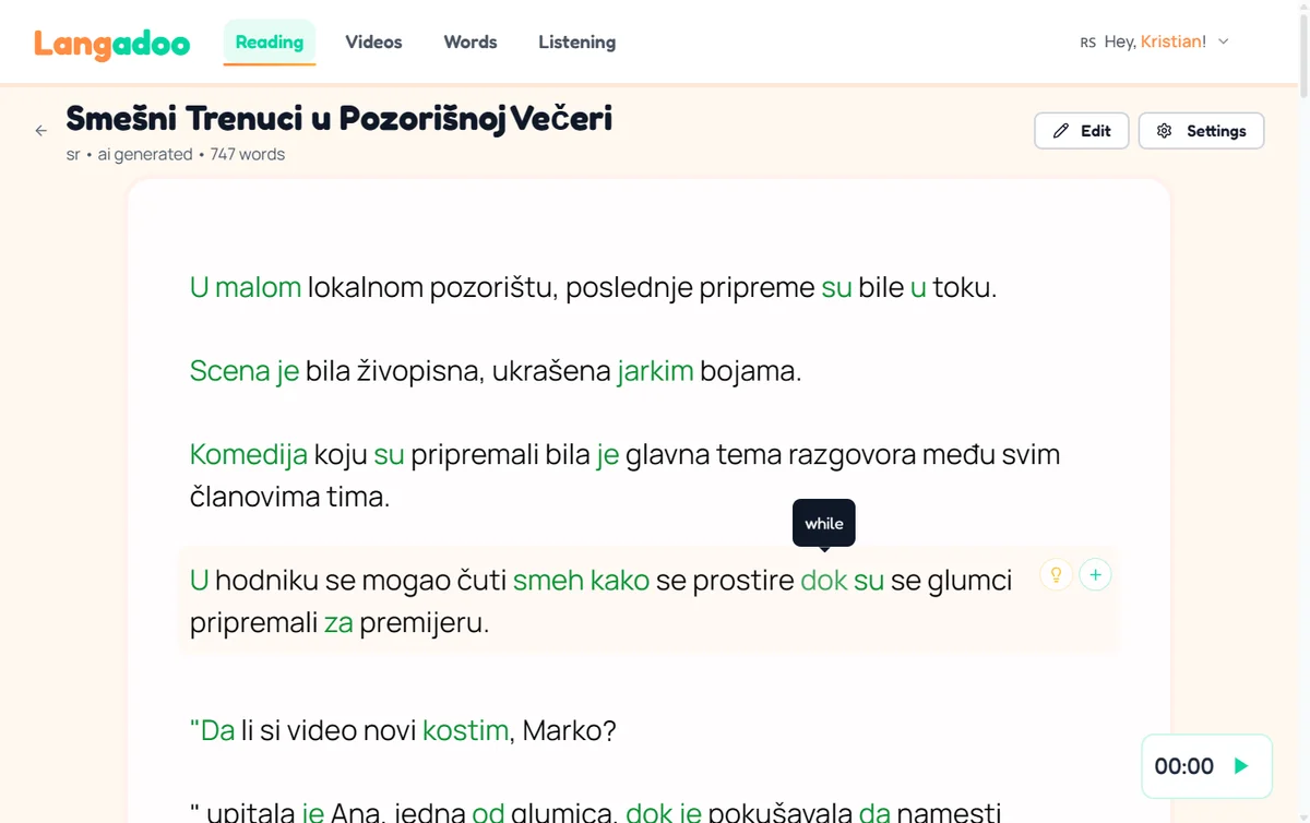 AI-generated story in Langadoo matched to your vocabulary level
