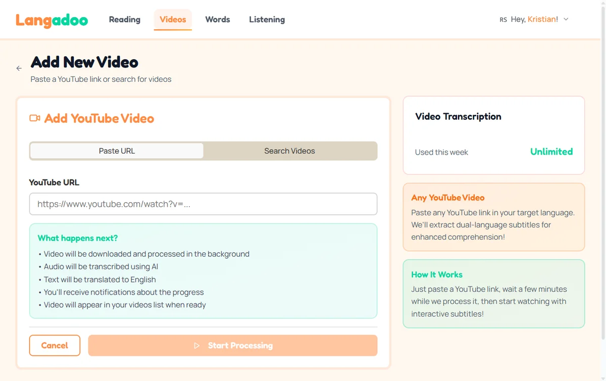 Pasting a YouTube URL into Langadoo to start learning